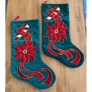 Set of 2 Prima Creations Christmas Stocking Green Velvet Poinsettia Embroidered